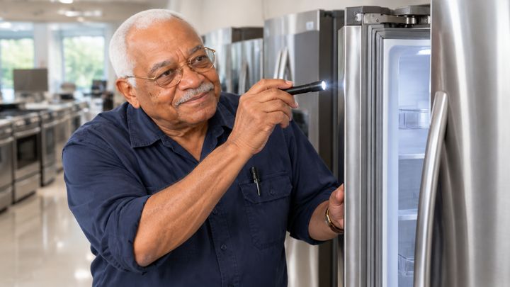 Clarence inspecting a refrigerator in an appliance showroom